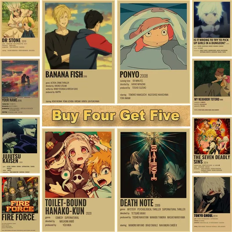 

Retro Kraft Paper Minimalist Anime Posters Fans Collection Jujutsu Kaisen Banana Fish Poster Wall Art Decor Home Bar Decoration