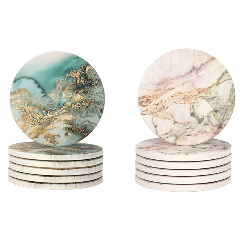 Paquete de 12 posavasos con patr&oacute;n de m&aacute;rmol, juego de posavasos de piedra redonda con piedra de cer&aacute;mica y Base de corcho para tipos de tazas-0