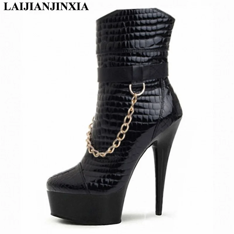 New Unique metal chain is decorated with low - tube boot, crystal heel 15cm high heels, fine and waterproof Dance Shoes