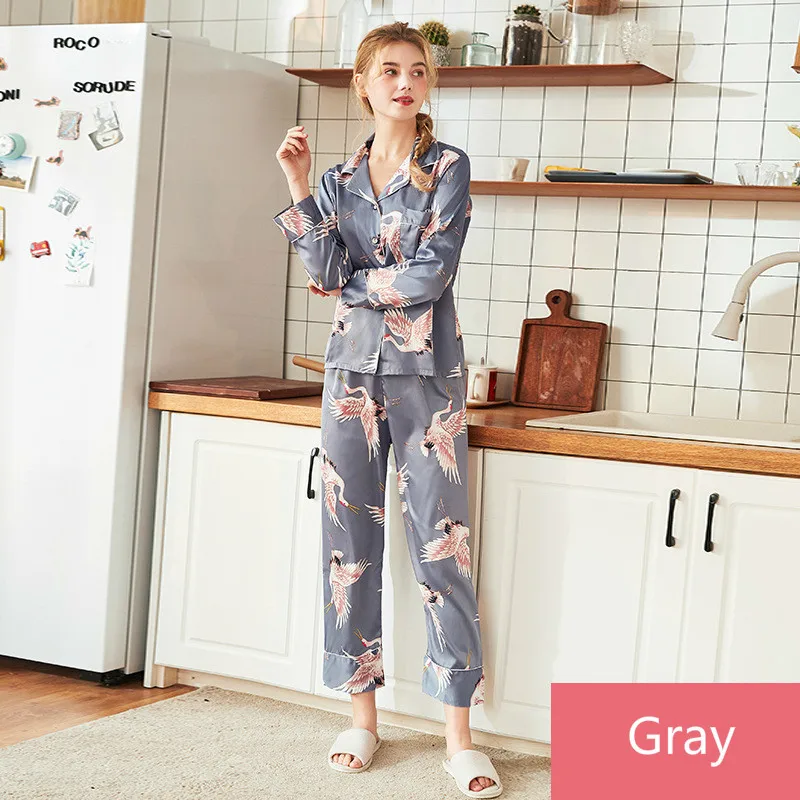 

Imitate Silk Pajamas Sets Long Sleeve Trousers Sleepwear Homewear Suit Women's Japanese Kimono Leisure Yukata Thin Thin Section