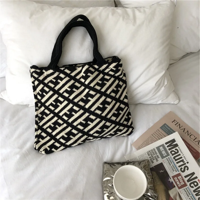 

Сумка-тоут женская из полиэстера, дизайнерский саквояж для покупок, Модный повседневный винтажный вязаный клатч на плечо с геометрическим ...