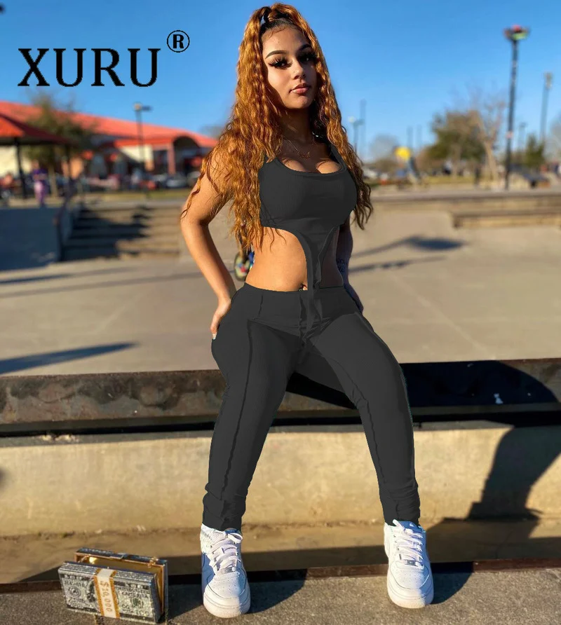 XURU New Women's Set Sexy Pants One-piece Two-Piece Pure Color Pit Striped Outer Seam