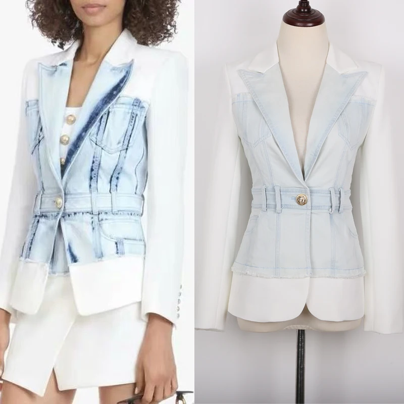 S-3XL high quality 2020 brand new fashion denim fabric stitching slim V-neck long sleeve commuter wild woman jacket suit