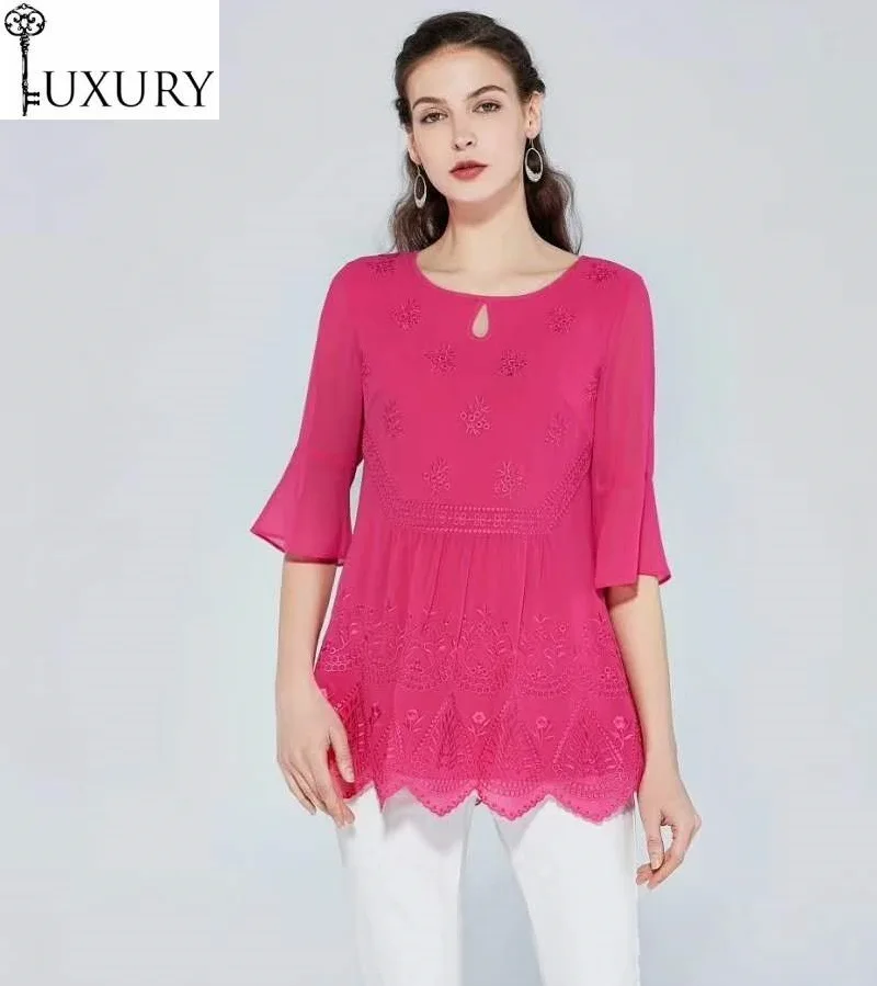 Summer XXXXL Fashion 2020 Blouses Women Exquisite Embroidery 3/4 Sleeve Elegant Rose Red Black Long Vintage Tops Female