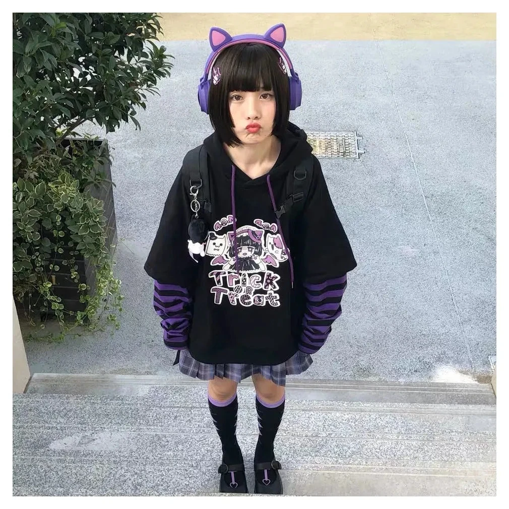 

Japanese clothing Hoodie kawaii style Sweet stripes loose sweatshirt 2021 winter girl fake two-piece plus velvet female