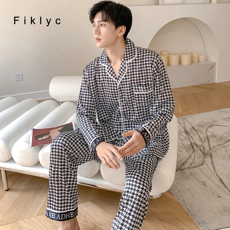 

Fiklyc 2022 Spring New Arrival Satin Women Men XXL Size Plaid Pajamas Sets Couple Pyjamas Lovers Pijamas Drop Shipping Nightwear