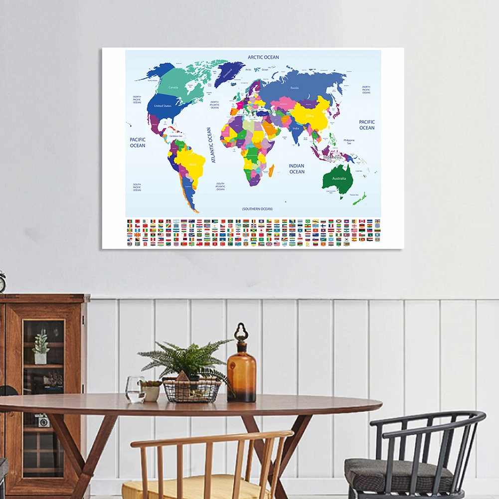 

150*100cm The World Map with National Flags Vintage Wall Poster Non-woven Canvas Painting School Supplies Classroom Home Decor