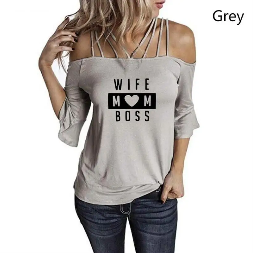

Wife Mom Boss Letters Print Women Tshirt Casual Funny Lady Girl Top Tee Funny TShirt Women Off Shoulder Slings Sexy Mother's Day