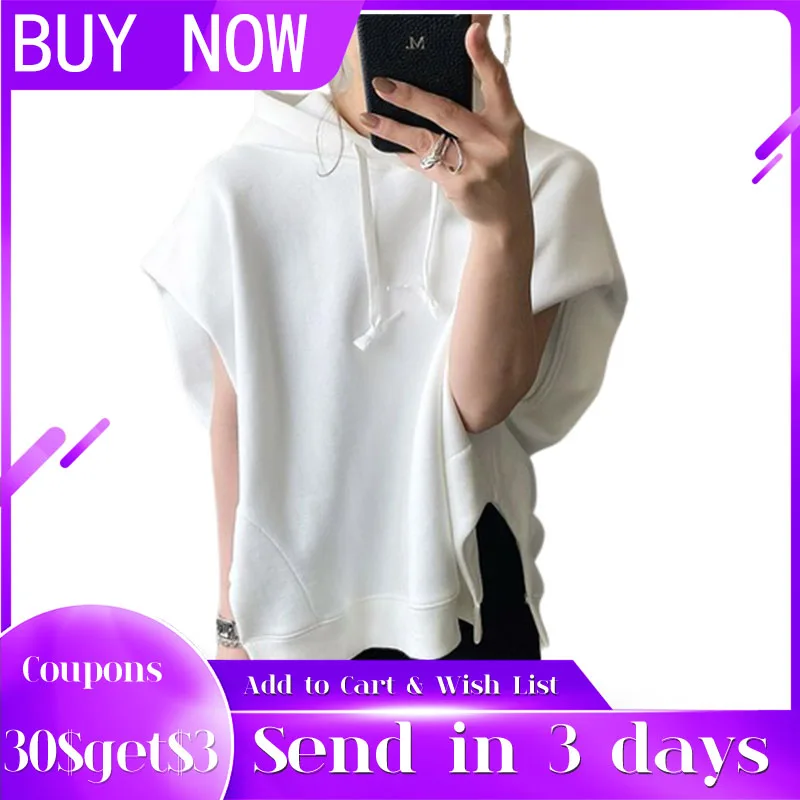 Однотонные белые топы пуловер футболка с коротким рукавом и капюшоном женская