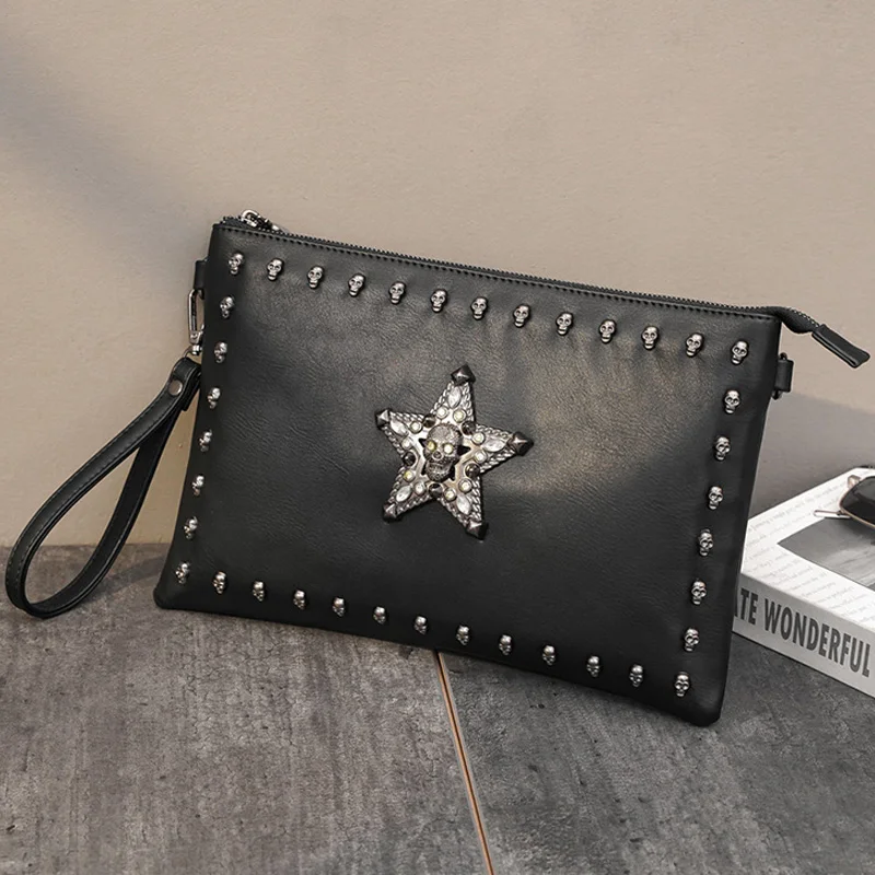 

Fashion Men's Punk Envelope Clutch Bags 2021 New Unisex Hip Hop Skull Handbags Casual Rivet Day Clutches Male Business Wallet