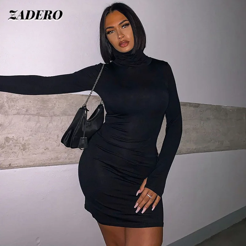

Black Turtleneck Dress Women 2021 Autumn Fashion Long Sleeve Gothic Streetwear Party Club Sexy Mini Autumn Bodycon Dress Casual