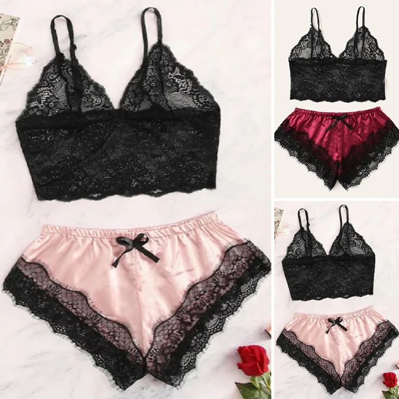 

1 Set Women Sexy Lace Lure Lingerie Nightwear Sleepwear Underwear Tops Shorts Set Strappy Trim Bow Elastic Waist