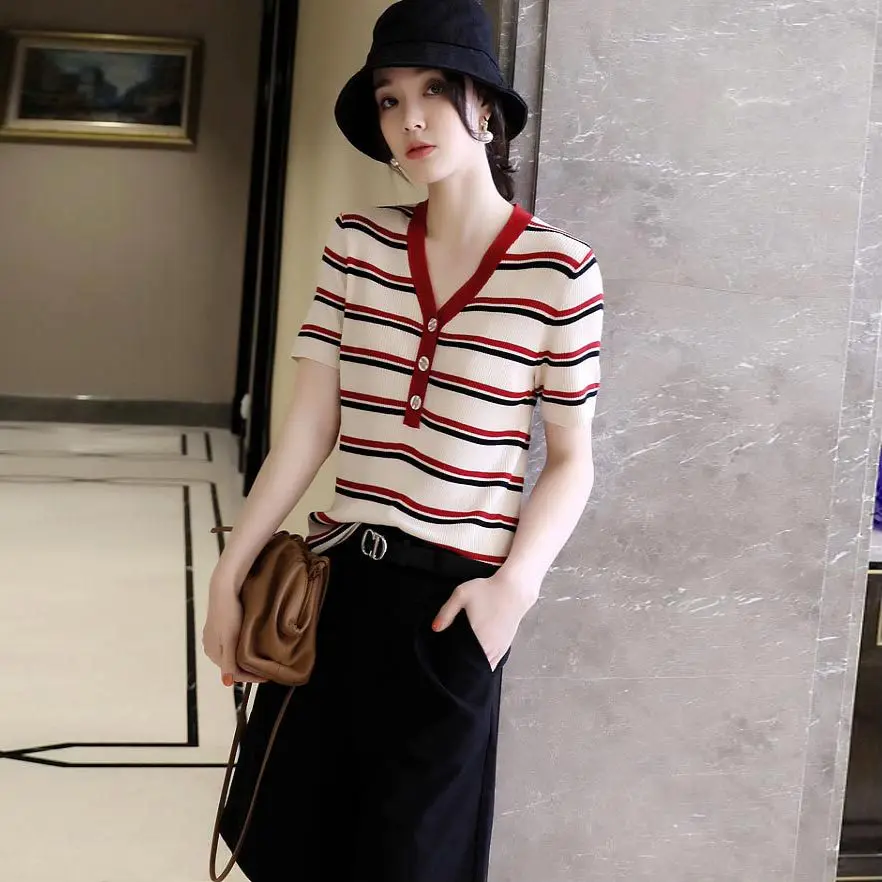 

Женский трикотажный тонкий свитер Ice Slik, летний крутой пуловер в полоску с V-образным вырезом и коротким рукавом, элегантные офисные женские ...