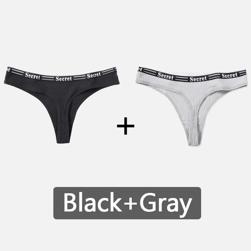 Black-Gray Женские стринги с буквенным принтом, хлопковые трусики-стринги, мягкое нижнее белье, женские трусики сексуальное женское нижнее белье, женские интимные трусы с низкой посадкой - Цвет: Black-Gray