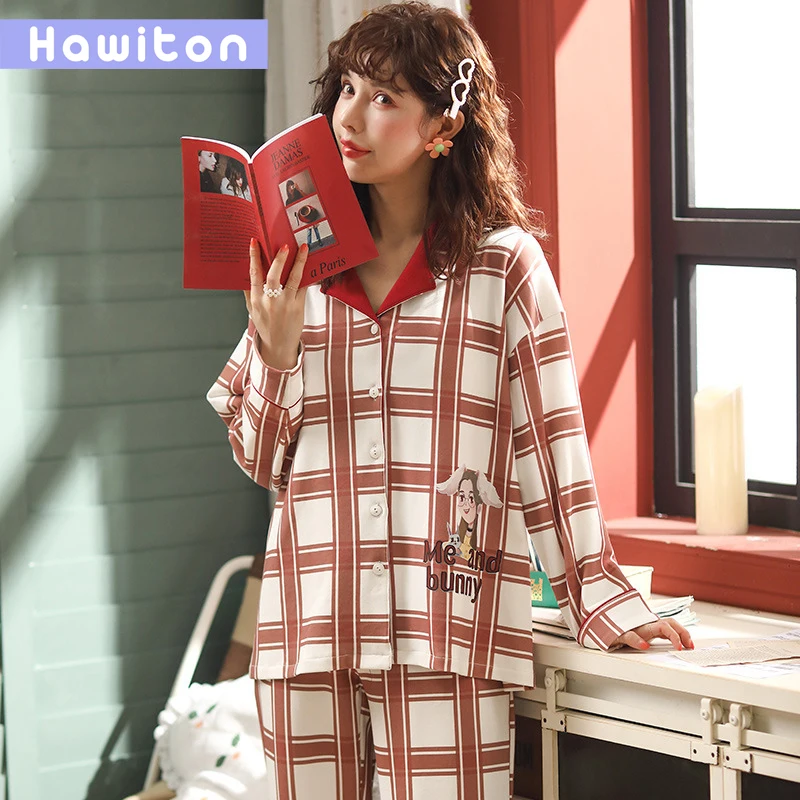 Hawiton/осенний пижамный комплект из 100% хлопка с длинными рукавами женская пижама