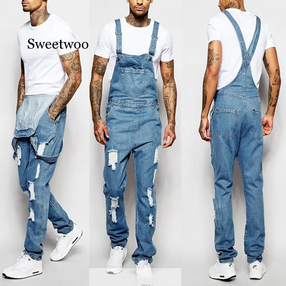 2020 new men's jeans fashion casual denim pocket shredded straps pleated jumpsuit