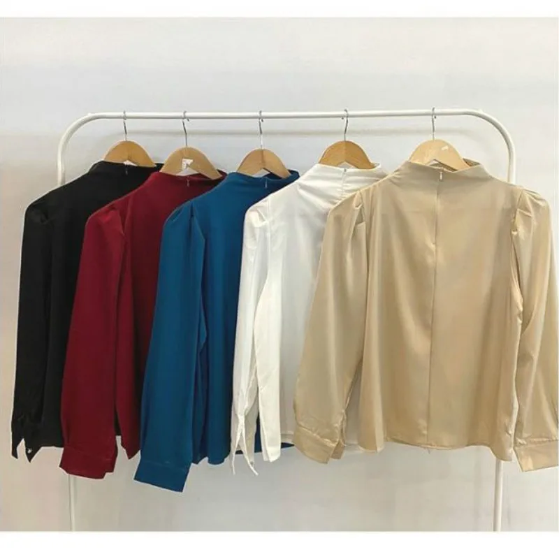 

Women's Elegant Shirts Solid Stand Collar Puff Sleeves Women Blouse Buttons on The Shoulder Stylish Shirt Autumn Spring 2021