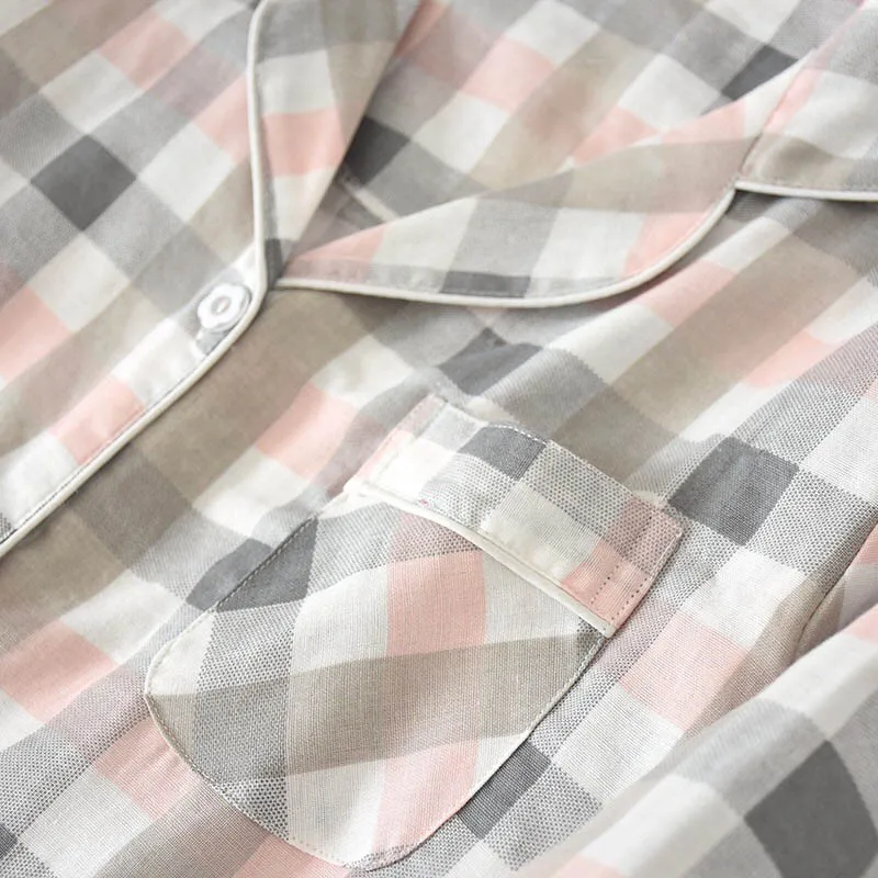 

Simple Style Men And Women Plaid Homewear Lovers Full Sleeve Pajamas Set Coup;es Comfort Gauze Cotton Sleepwear Set For Spring