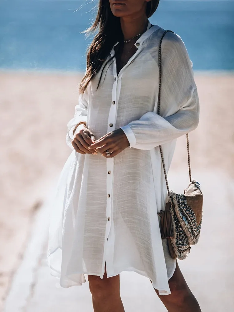 

Fashion Women Swimsuit Bikini Beach Cover Up Robe Tunic Shirt V-Neck Summer Solid Button Casual Shirts Sunscreen Swimsuit Blouse