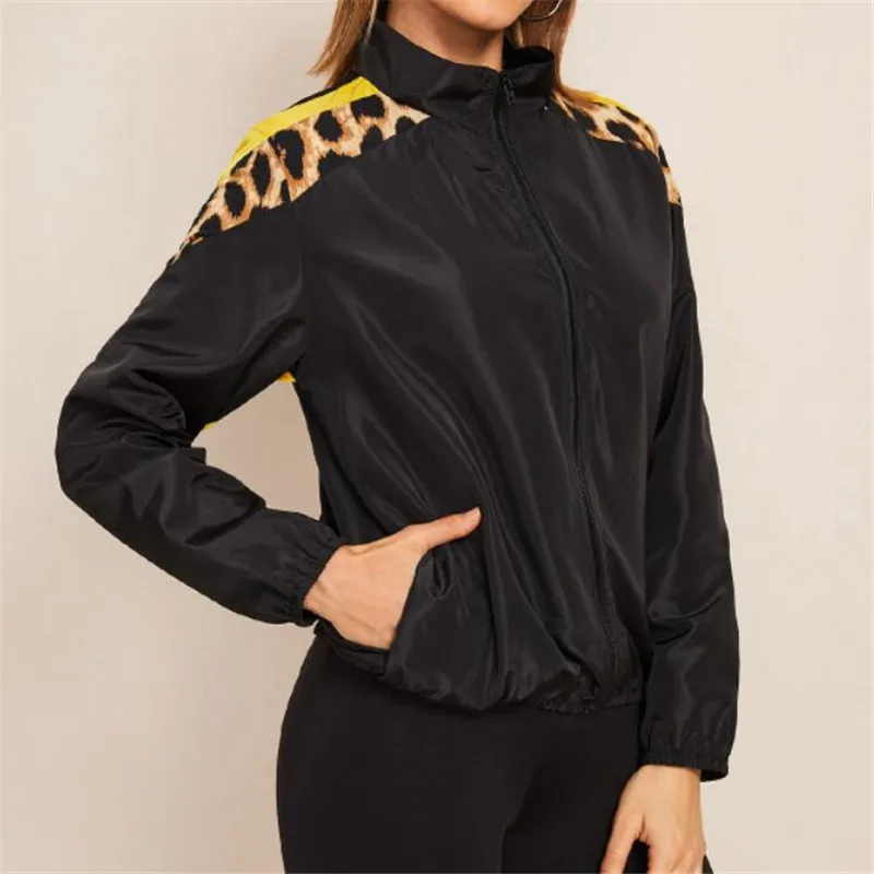 

Black Retro Leopard Printed Women Autumn Spring Jacket O-Neck Long Sleeve Slim Women Bomber Jacket Plus Size Thin Zipper Jacket