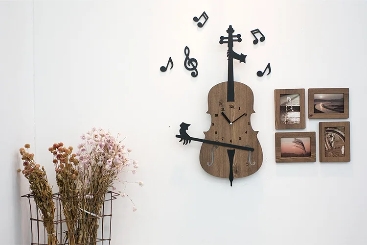 Симпатичные скрипки DIY настенные часы современный дизайн 3D Деревянный Декор часы с фоторамкой настенные домашние декоративные часы Подарки для музыкальный
