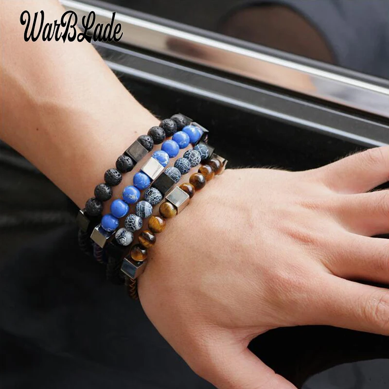 

WBL 2019 New Fashion Bracelet Natural Stone Beads Volcanic Tiger Eye Bracelets Braided Leather Stainless Steel Bracelets Bangles