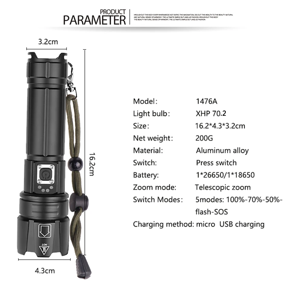 Светодиодный фонарик cree xhp70.2, зарядка через usb, растягивающийся, ударопрочный, мощный, перезаряжаемый фонарь 18650 или 26650