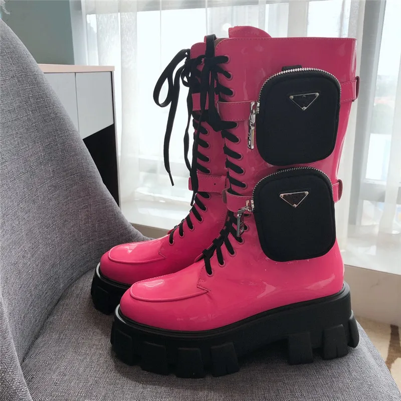 

Fashion Pocket Design Mid calf Boots Women 2020 Genuine Leather Thick Sole Round Toe Shoes Women Punk Lace Up Motorcycel Boots