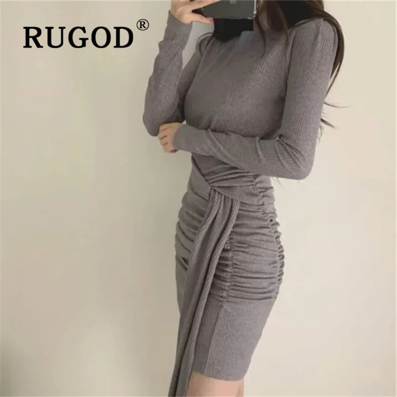 RUGOD Chic Sexy Mini Dress Solid Full Sleeves Top For Women Knitwear Casual Elegant Ladies Dresses Collect Waist Simplee Belt | Женская