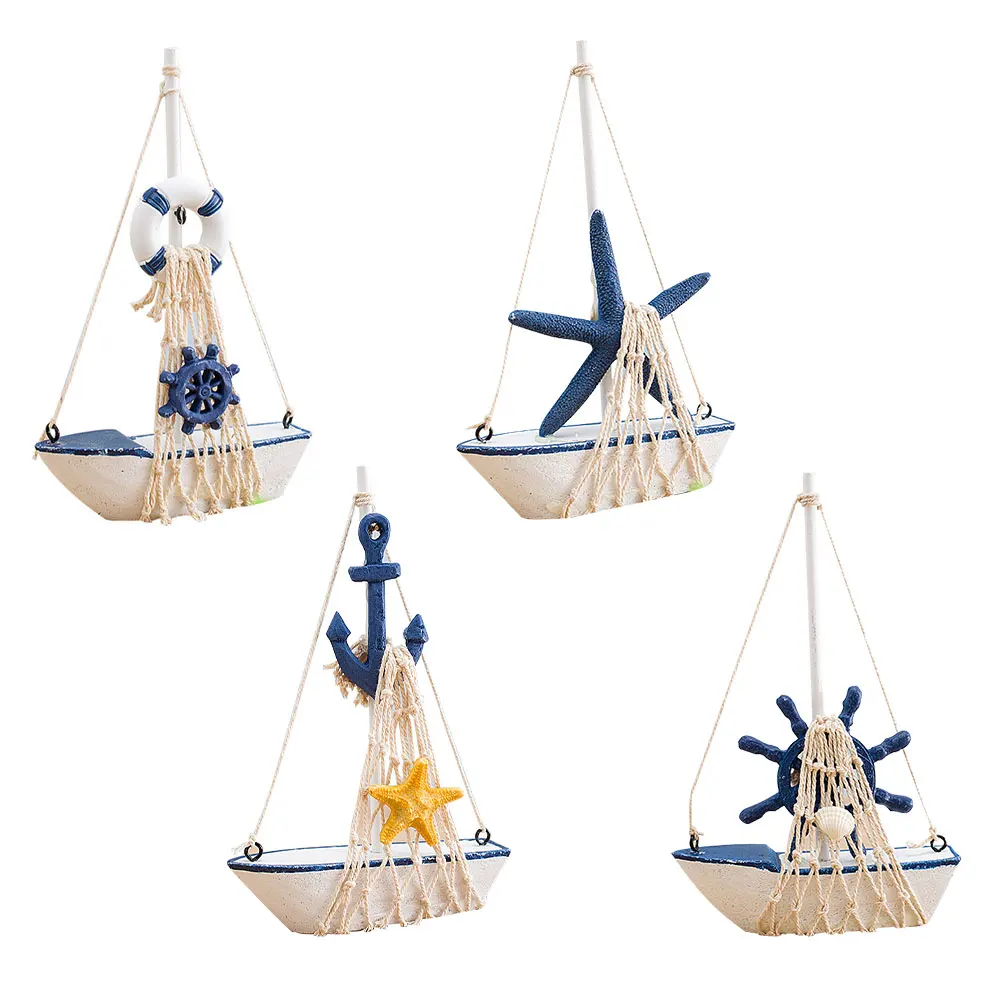 

Wooden Sailing Boat Decoration Ocean Beach Sailboat Ship Model Art Crafts Set Ornament With Lifebuoy Nautical Home Decoration