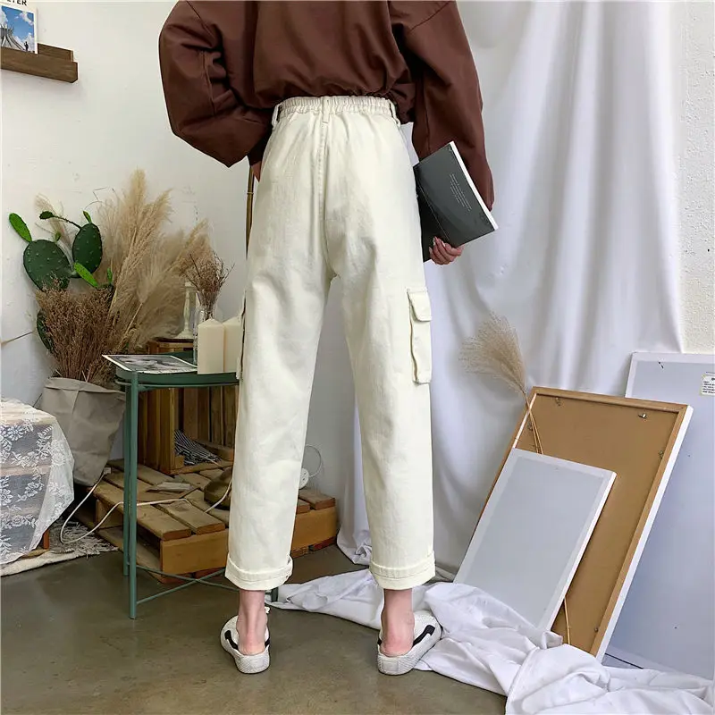

Women Jeans High Waist Solid Pocket Simple Design Street All-match Females Leisure Chic Elegant Loose Straight Denim Trousers