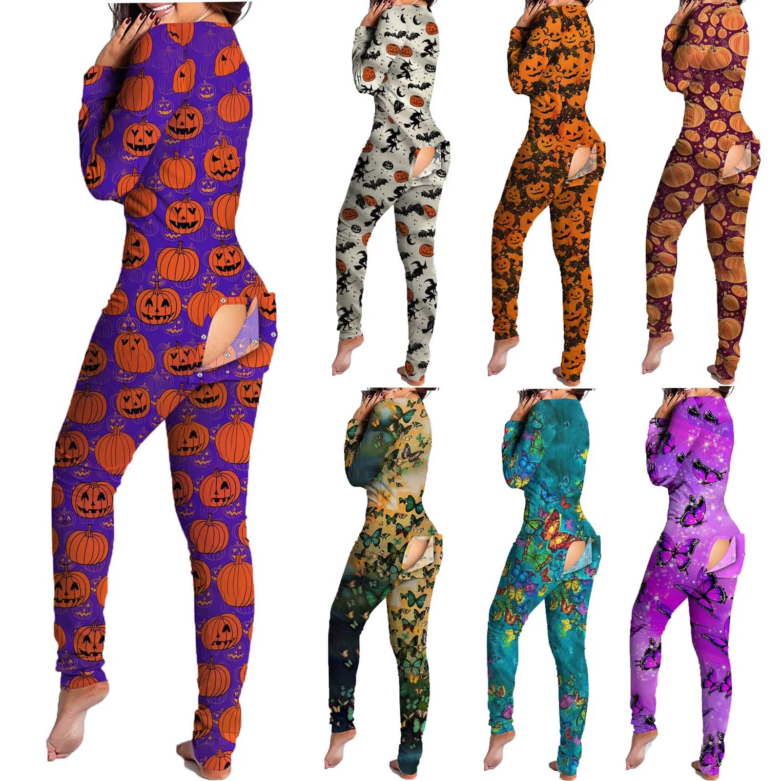 

Women's Sexy Onesies Button-down Printing Functional Buttoned Flap Adults Pajamas Long Sleeve V-neck Jumpsuit Playsuit Romper N4