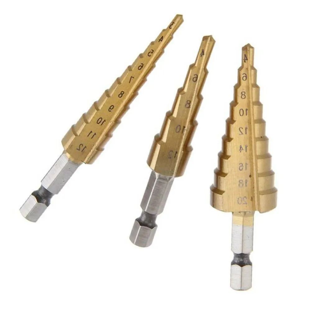 

3pcs Step Drill Bits HSS 3-12mm 4-12mm 4-20mm Titanium Coated Step Universal Drill Bit Set Woodworking Holing Tools