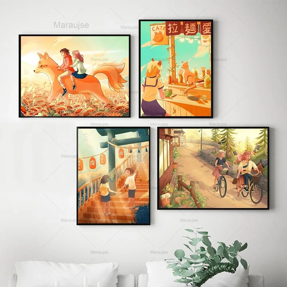 

Anime Cat Pub Travel Landscape Poster Bicycle Ride Into Japan Canvas Painting Temple Sunflower Wall Art Pictures Kid Room Decor