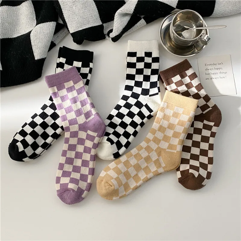 5Pairs/lot New Witner Thick Warm Wool Women Checkerboard Socks Geometric Checkered Socks  Hip Hop Cotton Unisex Towel Socks