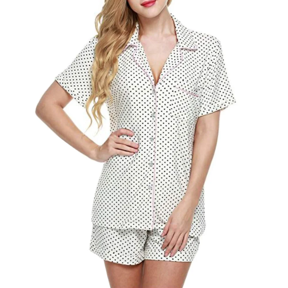 

Casual Pajamas Sets Women Stripe Dot Short Sleeve Button Blouse Shirt Shorts Set Sleepwear Nightwear Loose Homewear Robe Summer