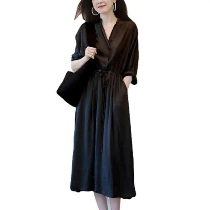 

Ladies Office Work OL Midi Dresses Women Plain Casual Long Sleeve Shirt Dress