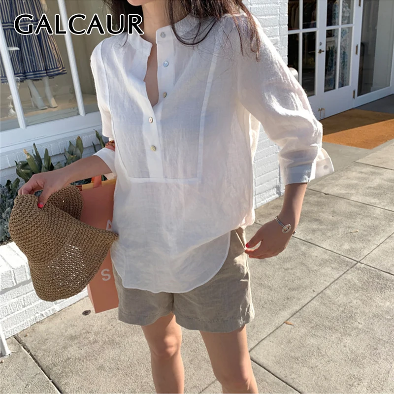 

Прямая рубашка GALCAUR для женщин, однобортный пуловер в стиле пэчворк с воротником-стойкой и рукавом три четверти, блузки, женская одежда