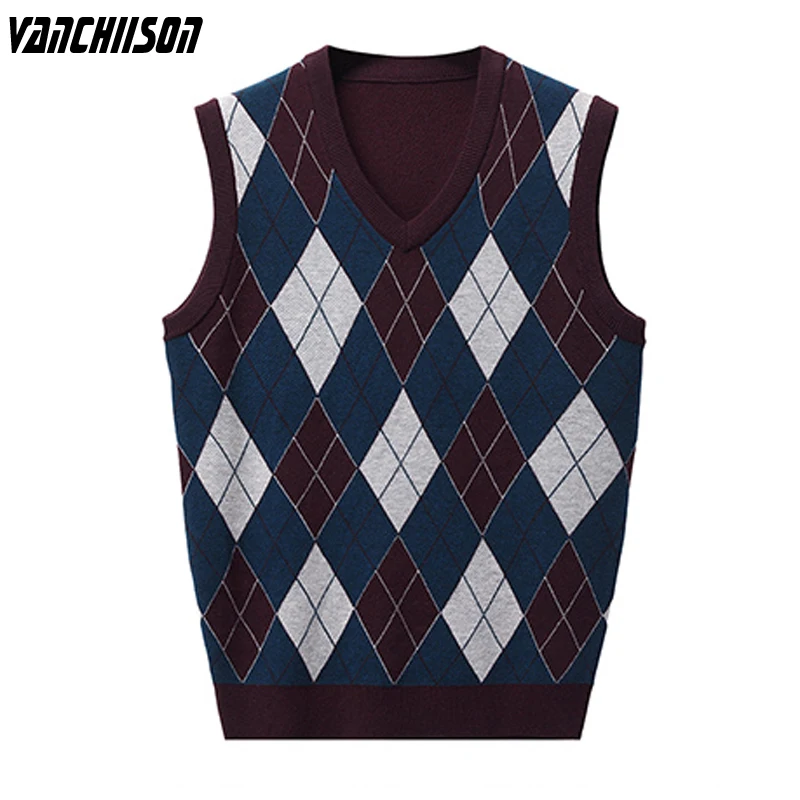 Мужской вязаный клетчатый свитер жилет без рукавов джемпер с V-образным вырезом