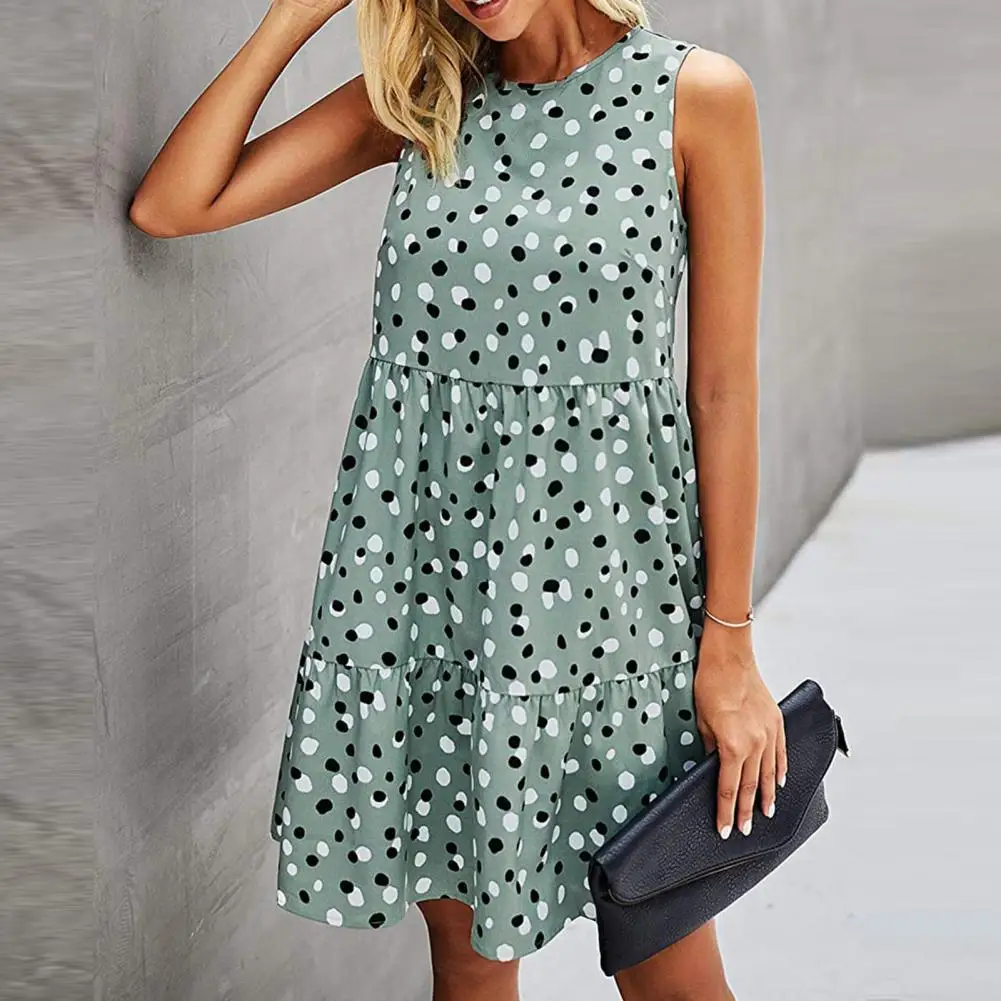 

Female Dresses Summer Women Sundress O Neck Dots Print Sleeveless Large Hem Loose Knee-length Dress Woman Clothing