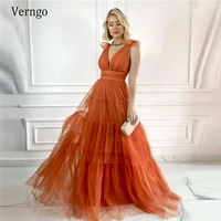 verngo 2021 a line orange long prom dresses v neck ruffled tiered skirt bow shoulder backless evening gowns simple party dress
