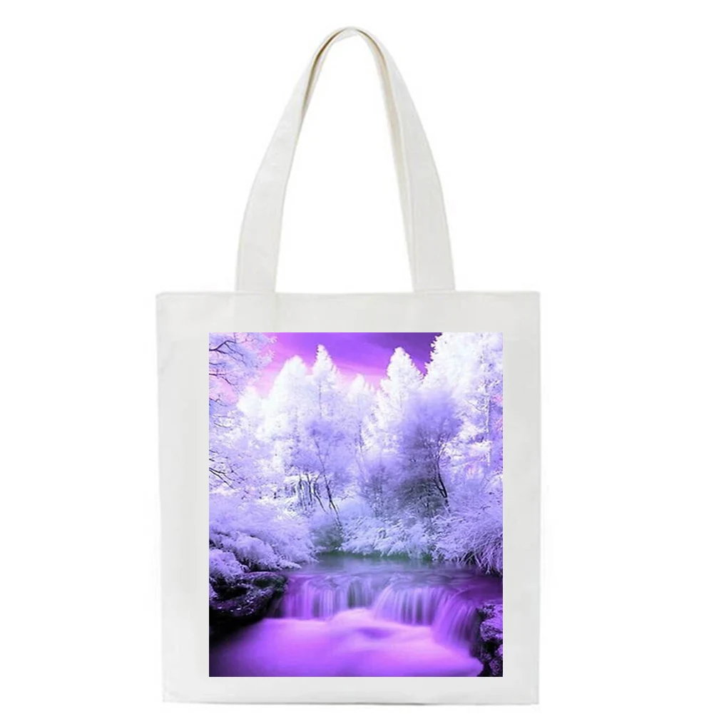 

Женская сумка с принтом фиолетового и белого пейзажа, вместительные сумки-шопперы на плечо, холщовые женские роскошные дизайнерские сумки-...