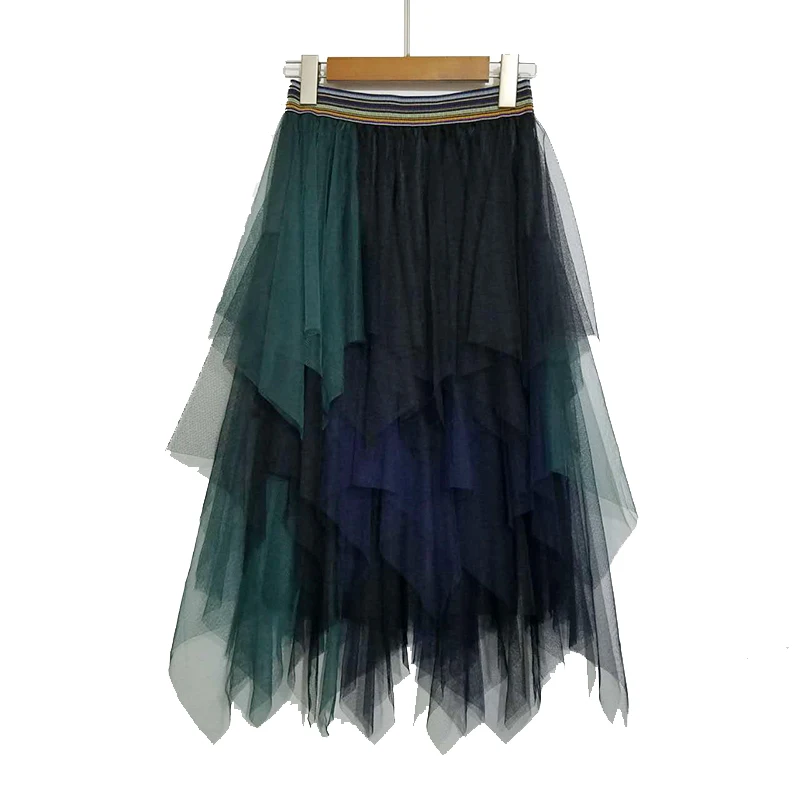 

Skirts Women Colorful Patchwork Mesh Irregular Trendy High Quality Womens New Korean Chic Elegant Leisure All-match Female Skirt