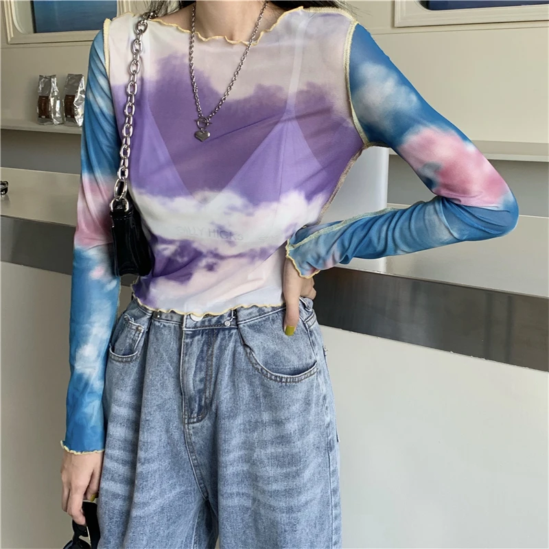 

Fashion mesh T-shirt women's T-shirt spring summer long-sleeved patchwork sexy T-shirt tops ladies casual female tees