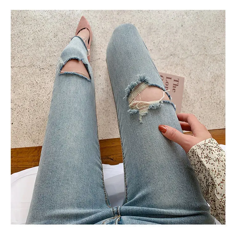 

Woman Jeans Pants High Waist Ripped Summer Light Color Skinny Tappered Pants Pencil Pants