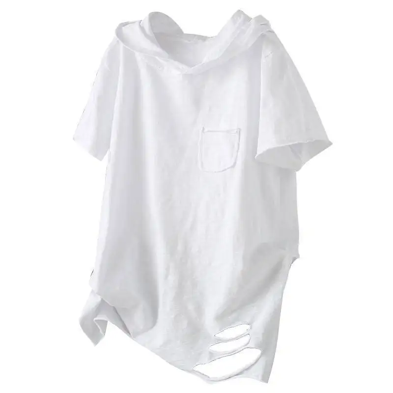 

Cotton hooded T-shirt women's summer new sleeve loose solid color pocket short sleeve art hole casual jacket
