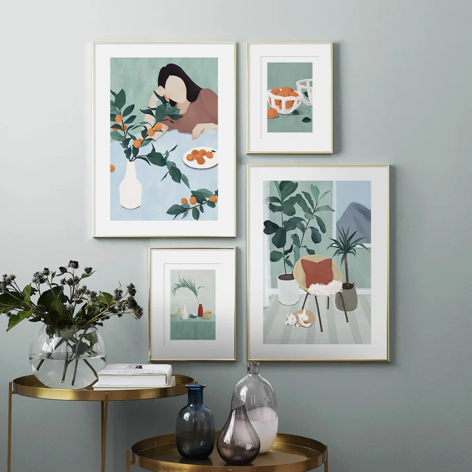 

Abstract Girl Fruit Chair Cat Leaf Plant Wall Art Print Paper Canvas Painting Nordic Poster Wall Pictures For Living Room Decor