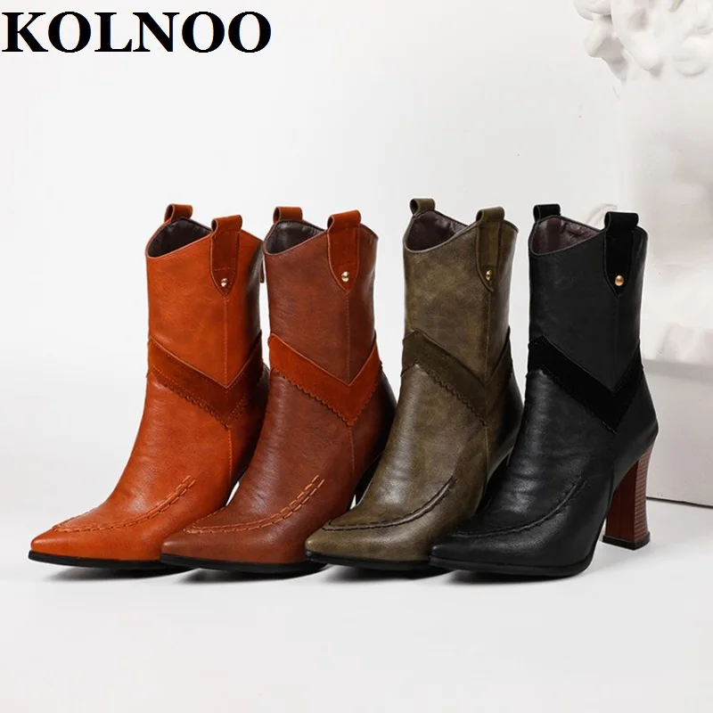 KOLNOO New Handmade Ladies Chunky Heels Boots Vintage Style Pointed-Toe Martin Booties Evening Club Large Fashion Winter Shoes