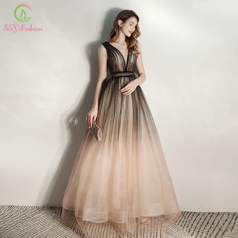 Женское вечернее платье SSYFashion роскошное длинное с блестками градиентный цвет v