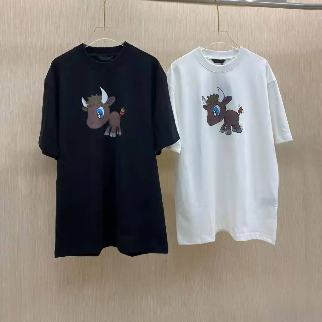 

2021 the year of the ox fire round collar T-shirt before and after the new Paris calf loose fashion joker men's and women's cott